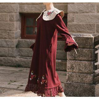 Flower Embroidered Lace Panel Long-sleeve Midi Shift Dress