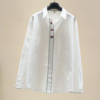 Long-sleeve Fish Embroidery Shirt White - One Size