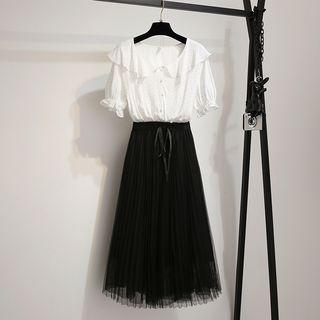Set: Short-sleeve Dotted Blouse + Midi Accordion Pleat Skirt