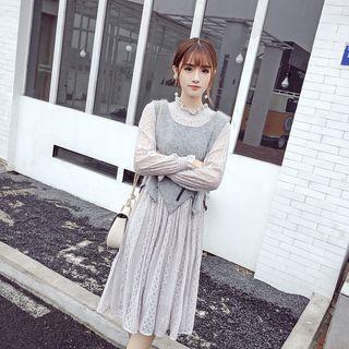 Set: Long-sleeve Lace Dress + Asymmetric Vest