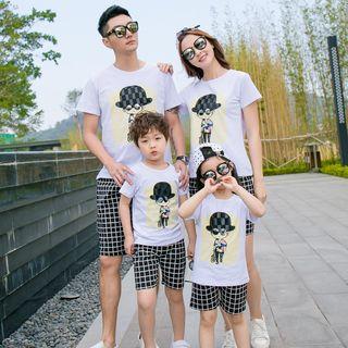 Family Matching Set: Cartoon Print Short Sleeve T-shirt + Window Pane Shorts