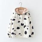 Cow Patterned Hoodie Fleece Lining - White - One Size