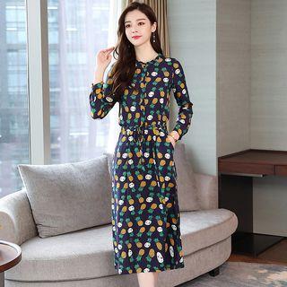 3/4-sleeve Tie-waist Midi Print Dress