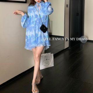 Long-sleeve Print Pleated Dress Blue - One Size