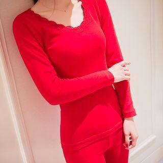 Set: Lace Trim Fleece-lined Long-sleeve Top + Leggings