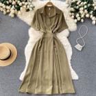 Short-sleeve Plain Midi A-line Shirt Dress