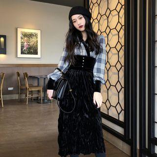 Puff-sleeve Plaid Top / Velvet Midi Skirt