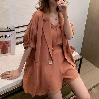 Set: Single-button Elbow-sleeve Blazer + Camisole Top + Wide-leg Shorts