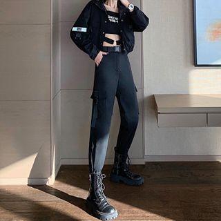 Lettering Cropped Camisole Top / Button-up Jacket / Harem Pants / Set