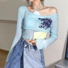 Long-sleeve Print Cropped T-shirt / Halter-neck Top / Set