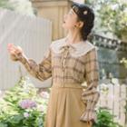 Long-sleeve Plaid Blouse / Midi A-line Skirt / Set