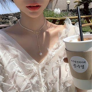 Bow Faux Pearl Pendant Choker White Faux Pearl - Silver - One Size