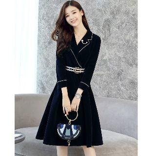 3/4-sleeve Contrast Piping Dress
