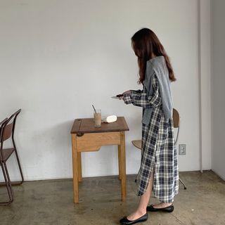 Half-placket Slit-side Long Plaid Shirtdress Black - One Size