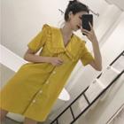 Ruffle Trim Short-sleeve A-line Dress Yellow - One Size