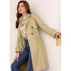 Faux-suede Checked Trench Coat Light Green - One Size