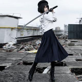 Double Breasted Sailor-collar Shirt / Tie / Midi Skirt / Mini Skirt / Set