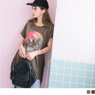 Short Sleeve Graphic Print Fringed Long T-shirt