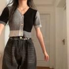 Short-sleeve Buttoned Color Block Knit Top Panel - Black & Gray - One Size