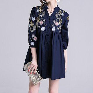 3/4-sleeve Embroidery Mini A-line Shirt Dress