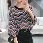 Striped 3/4-sleeve Knit Top Multicolor - One Size