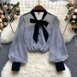 Bow Collar Houndstooth Puff-sleeve Chiffon Top