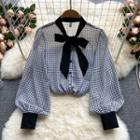 Bow Collar Houndstooth Puff-sleeve Chiffon Top