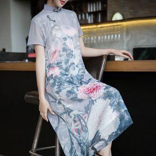 Floral Print Short-sleeve A-line Midi Cheongsam