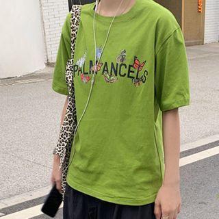 Short-sleeve Butterfly Printed Lettering T-shirt