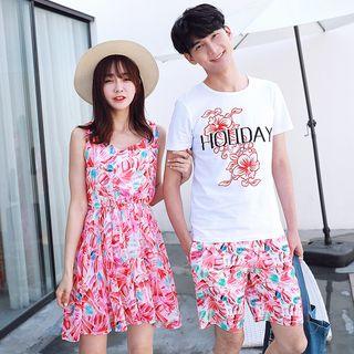 Couple Matching Set: Print Short-sleeve T-shirt + Shorts / Sleeveless Dress