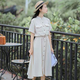 Pocket Detail Short-sleeve Midi Shift Dress