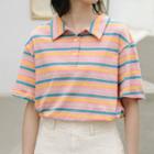 Short-sleeve Striped Polo Shirt As Shown In Figure - One Size