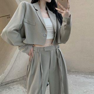 Double-breasted Padded-shoulder Crop Blazer / High Waist Straight Leg Pants