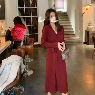 Long-sleeve V-neck Plain Ribbed Knit Dress Wine Red - M