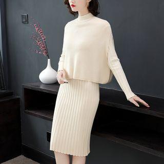 Set: Mock Neck Knit Cape + Slit-back Rib-knit Sweater Dress