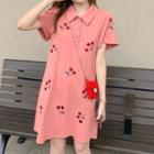 Short-sleeve Cherry Embroidered A-line Polo Dress Watermelon Red - One Size