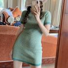 Dotted Short-sleeve Mini Knit Dress Green - One Size