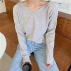 Plain V-neck Long-sleeve Loose-fit Hooded Knit Top