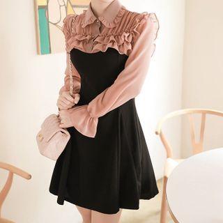 Inset Frilled Chiffon Blouse Flared Dress