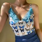V-neck Lace Trim Butterfly Print Camisole Top