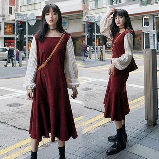 Balloon-sleeve Double-breasted Midi A-line Dress