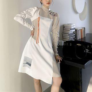 Mandarin Collar Two-tone Panel Midi A-line Dress