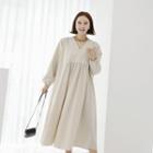 V-neck Balloon-sleeve Shirred Long Dress