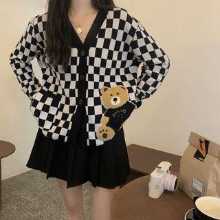 Bear Print Check Cardigan Check - Black & White - One Size