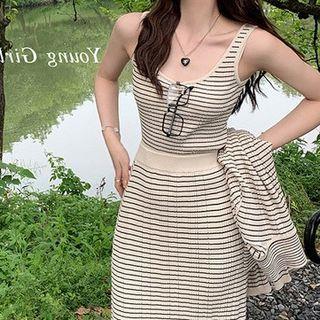 Striped Tank Top / Collar Cardigan / Midi A-line Skirt