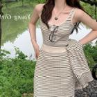 Striped Tank Top / Collar Cardigan / Midi A-line Skirt