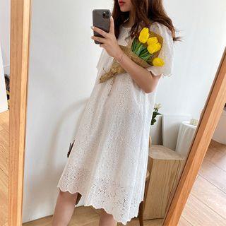 Eyelet Short-sleeve Midi A-line Dress White - One Size