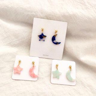 Asymmetrical Moon Star Drop Earring / Clip-on Earring