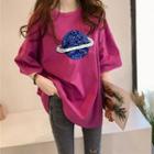 3/4-sleeve Glittered Planet T-shirt