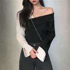 Two-tone Off-shoulder Long-sleeve T-shirt Black & White - One Size